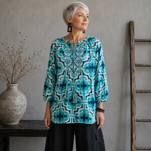 Annie Griffin Navy Green White Silk Long Sleeve Pop Over Top Medium